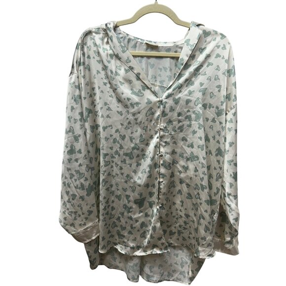 Intimately Free People Heart Print White & Green Button-Up Blouse With Long Slee - Picture 1 of 9